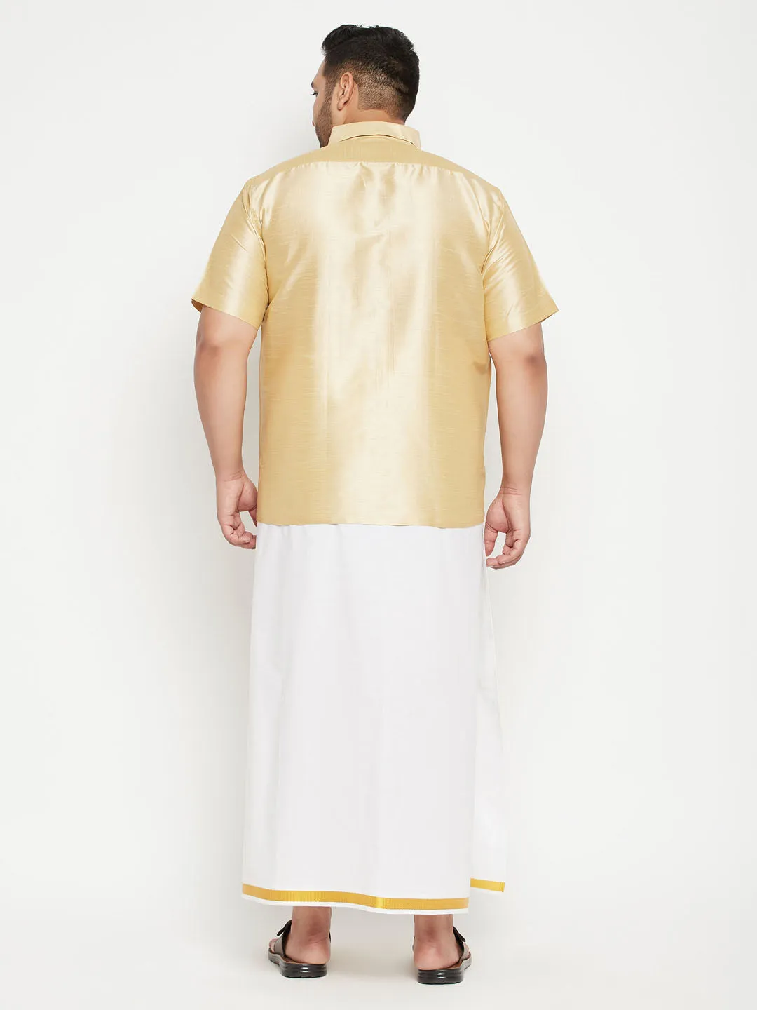 Men's Plus Gold And White Silk Blend Shirt And Mundu Set - Vastramay