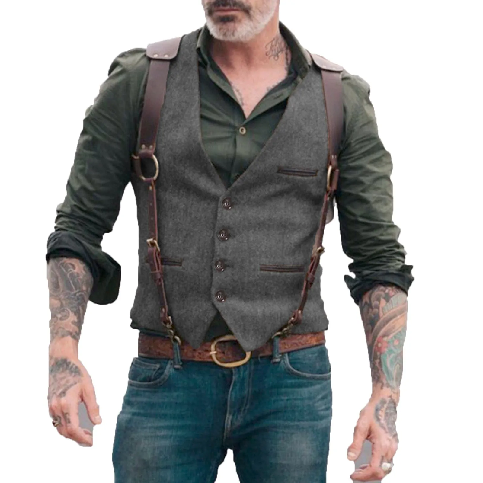 Men's  Tweed Herringbone Retro V Neck Waistcoat