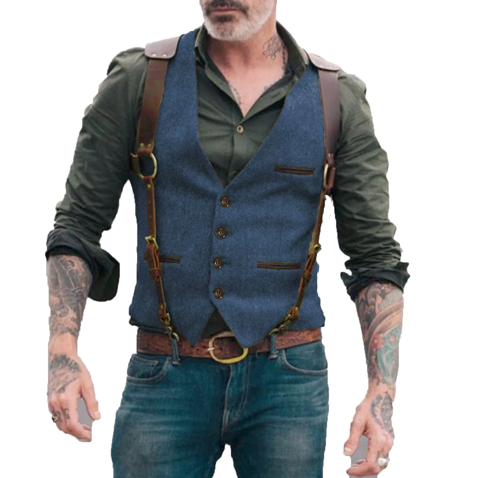 Men's  Tweed Herringbone Retro V Neck Waistcoat