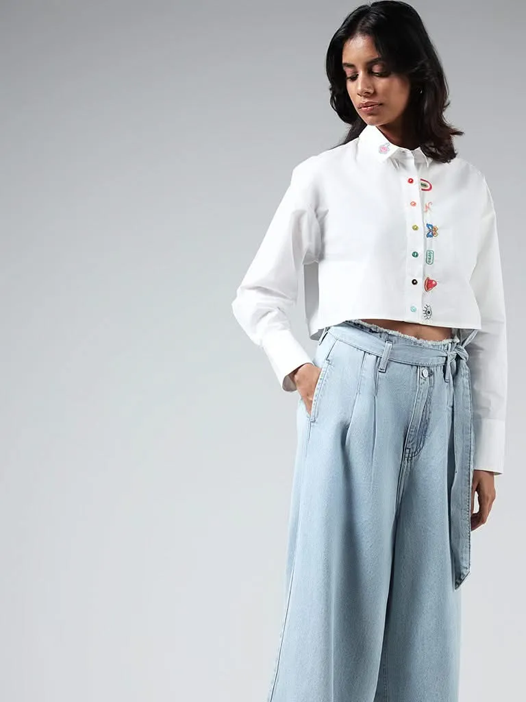 Nuon White Embroidered Cotton Crop Shirt