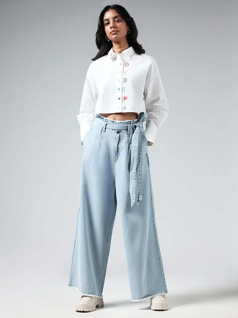 Nuon White Embroidered Cotton Crop Shirt