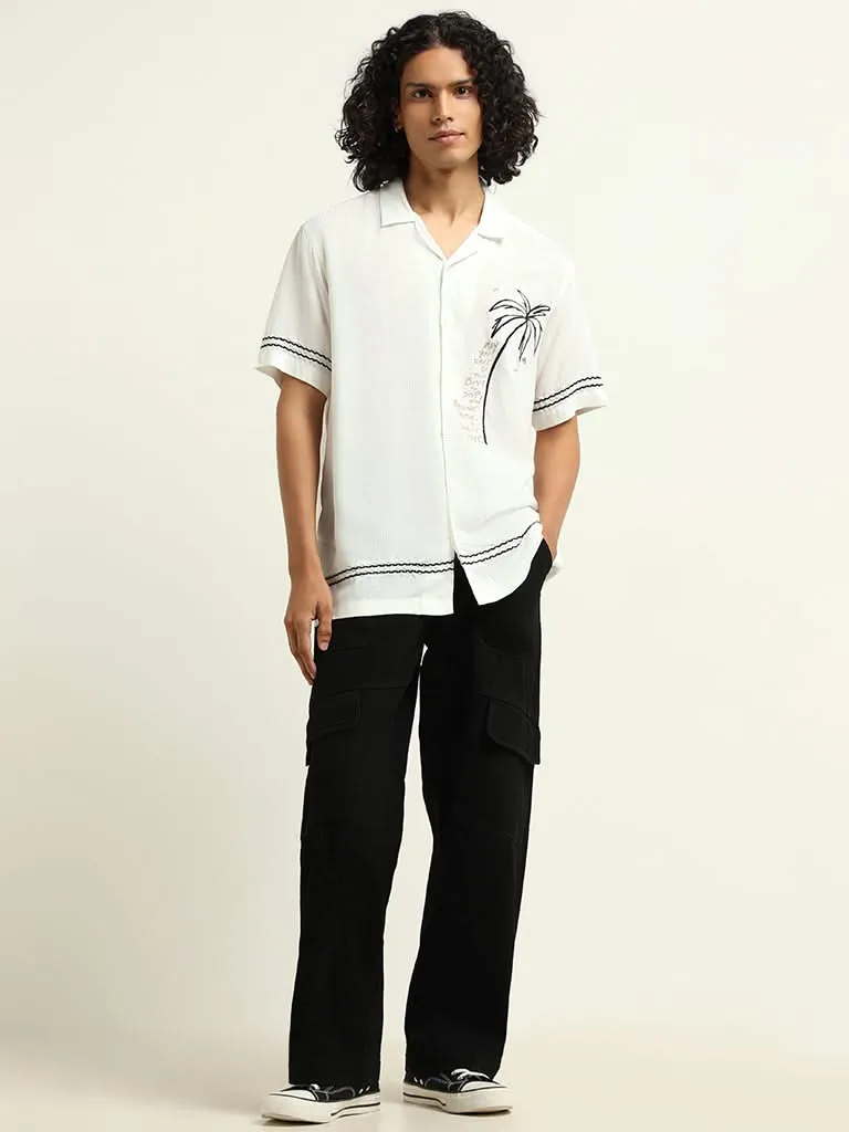 Nuon White Embroidered Cotton Relaxed Fit Shirt