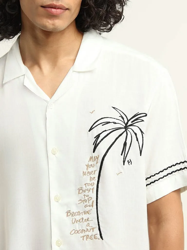 Nuon White Embroidered Cotton Relaxed Fit Shirt