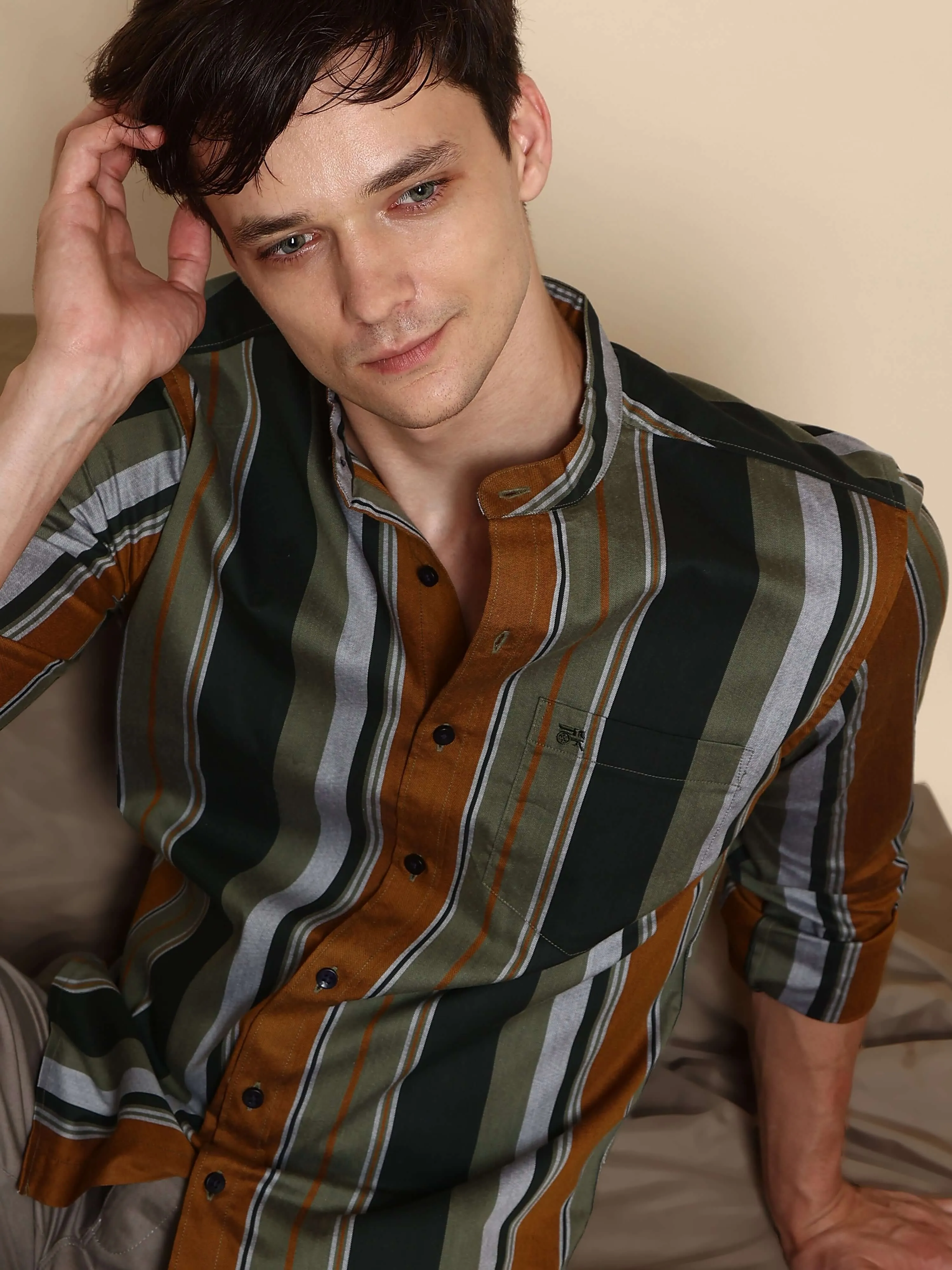 Olive green stripes full sleeve shirt