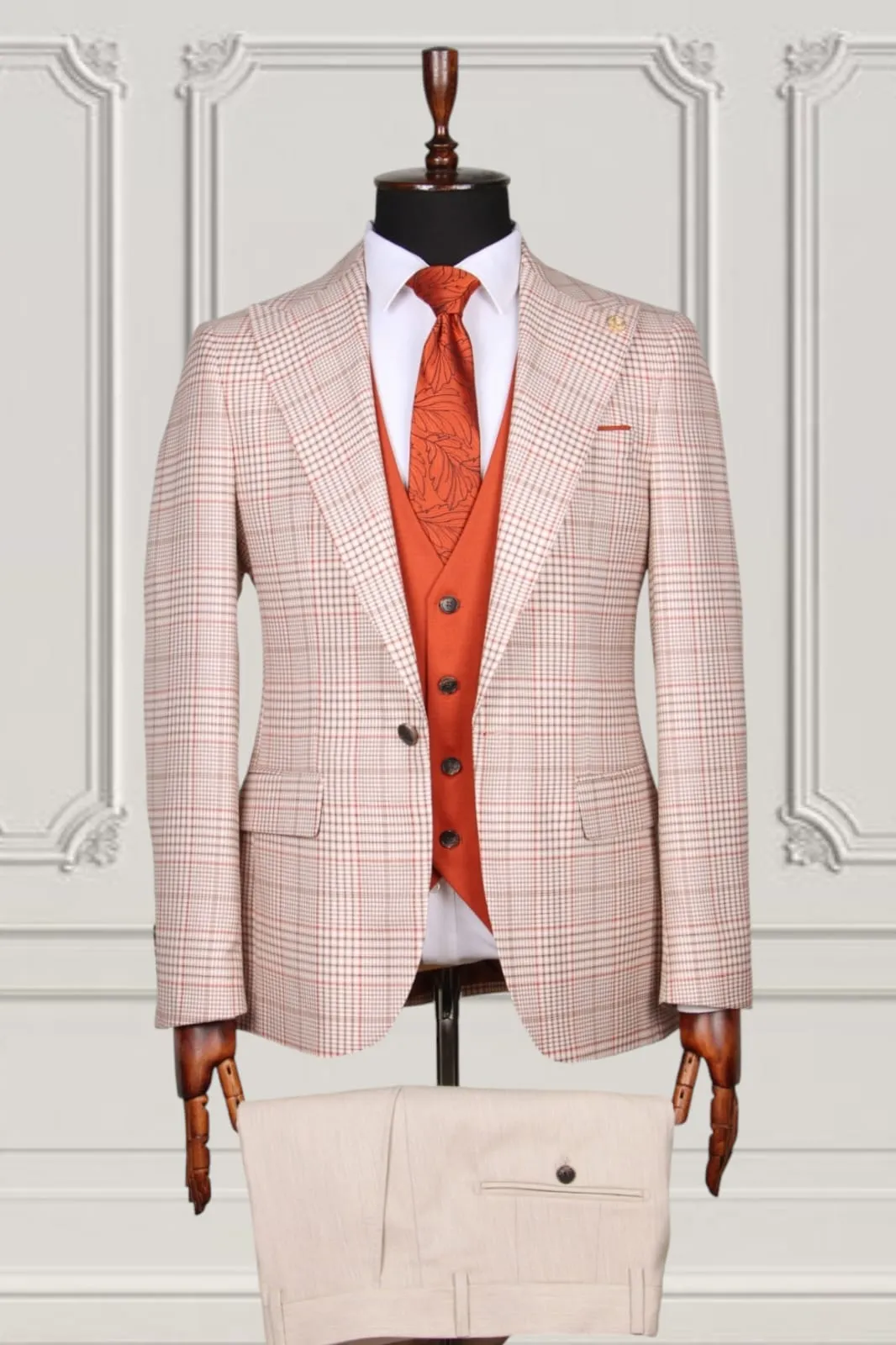 Oyster Pink Red Check Slim Fit Suit