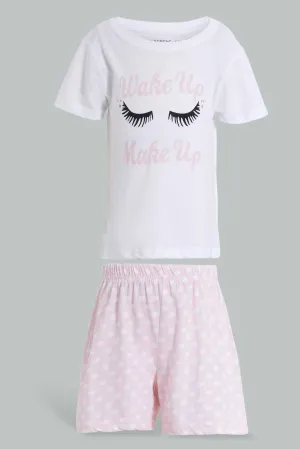 Pink And White Printed Pyjama Set For Girls (2 Piece)