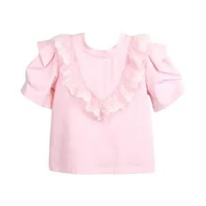 Pink Lace Trim Puff Sleeve Tee