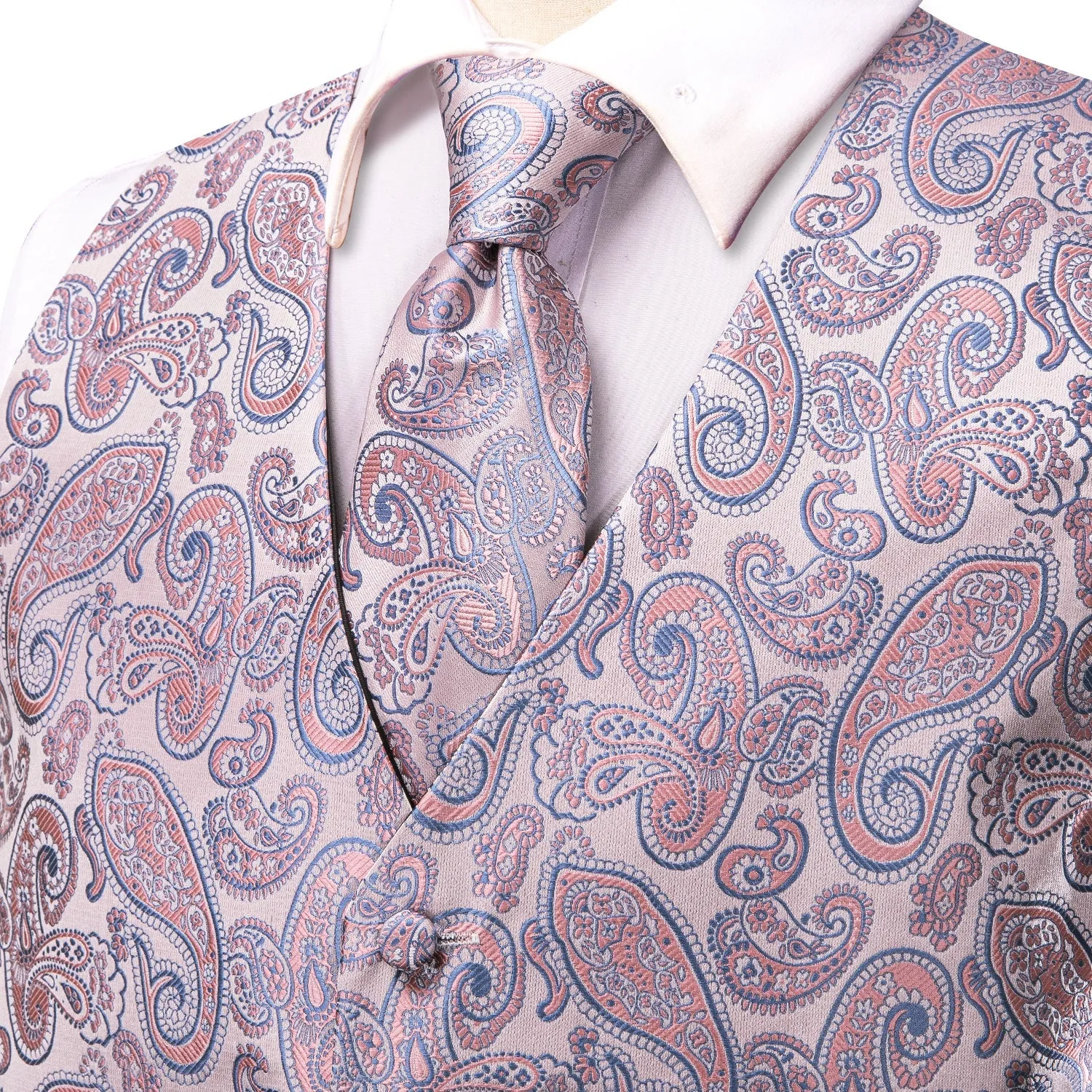 Pink Orange SkyBlue Paisley Jacquard Silk Men's Vest Hanky Cufflinks Tie Set