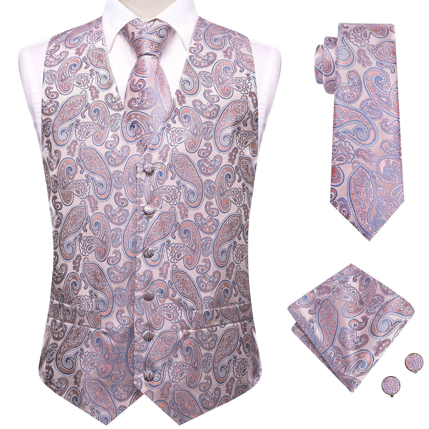 Pink Orange SkyBlue Paisley Jacquard Silk Men's Vest Hanky Cufflinks Tie Set