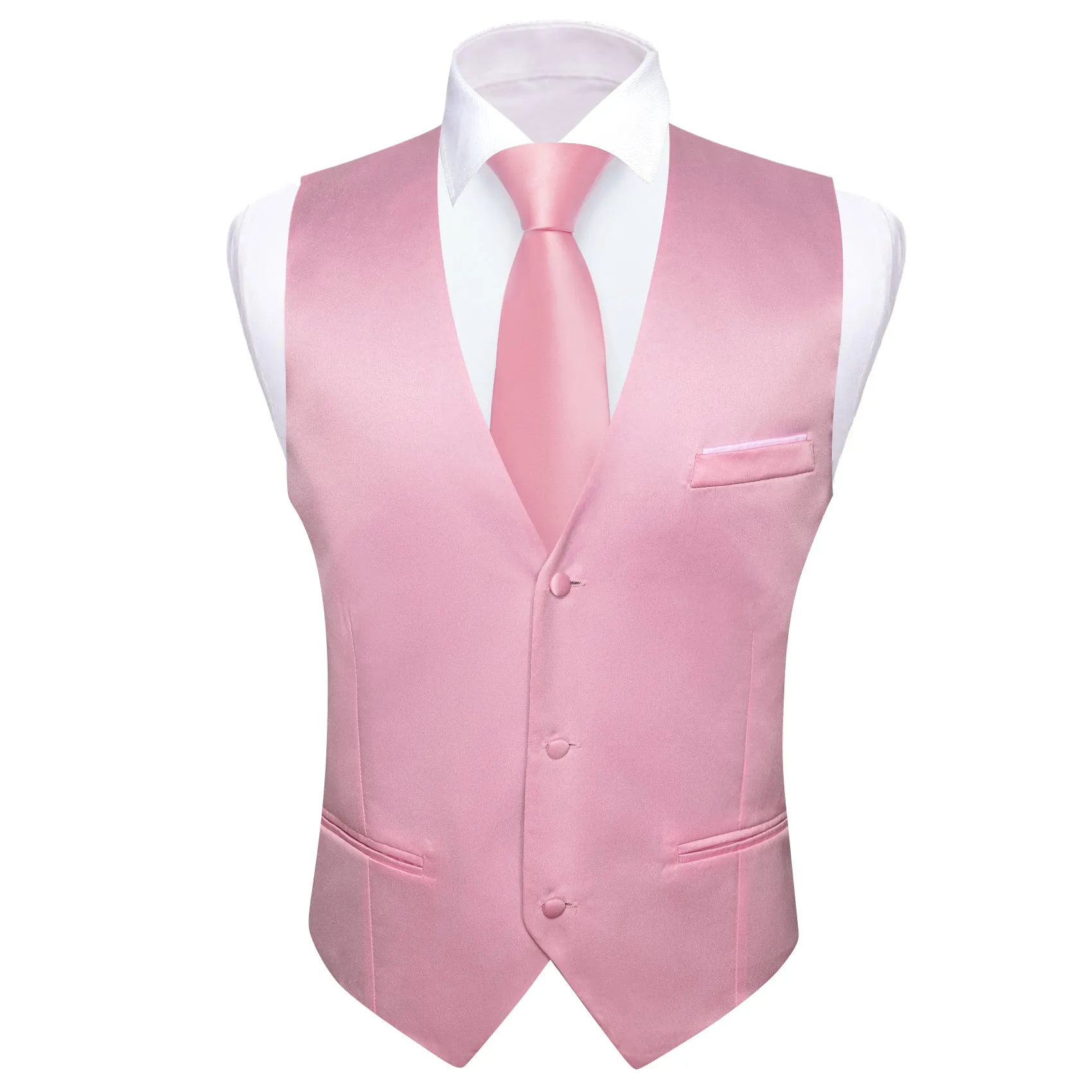 Pink Solid Satin Men's V-Neck Business Vest