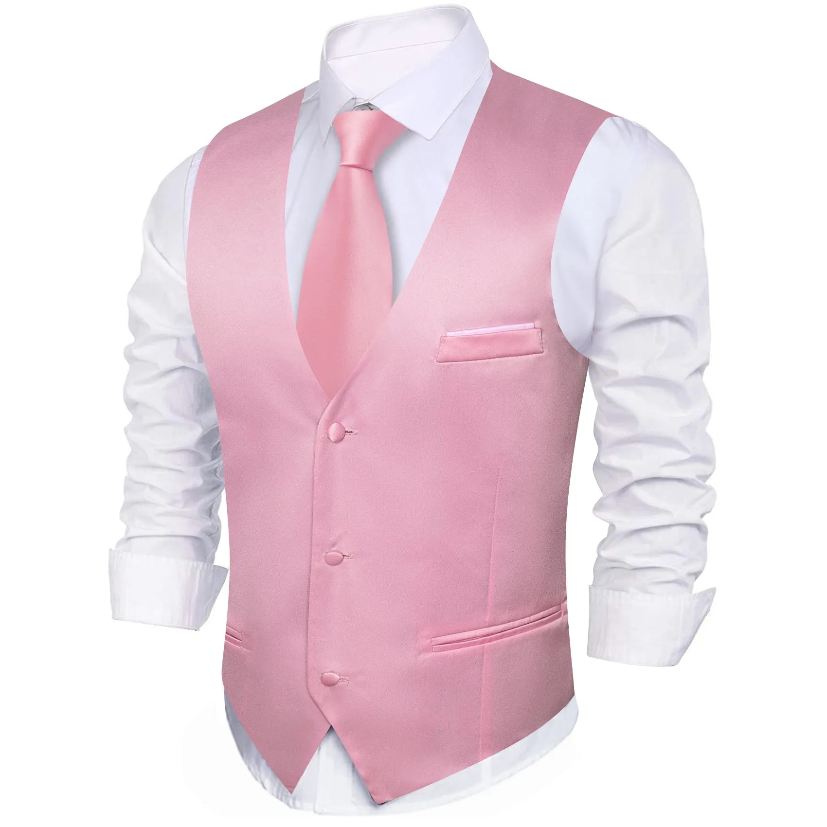 Pink Solid Satin Men's V-Neck Business Vest