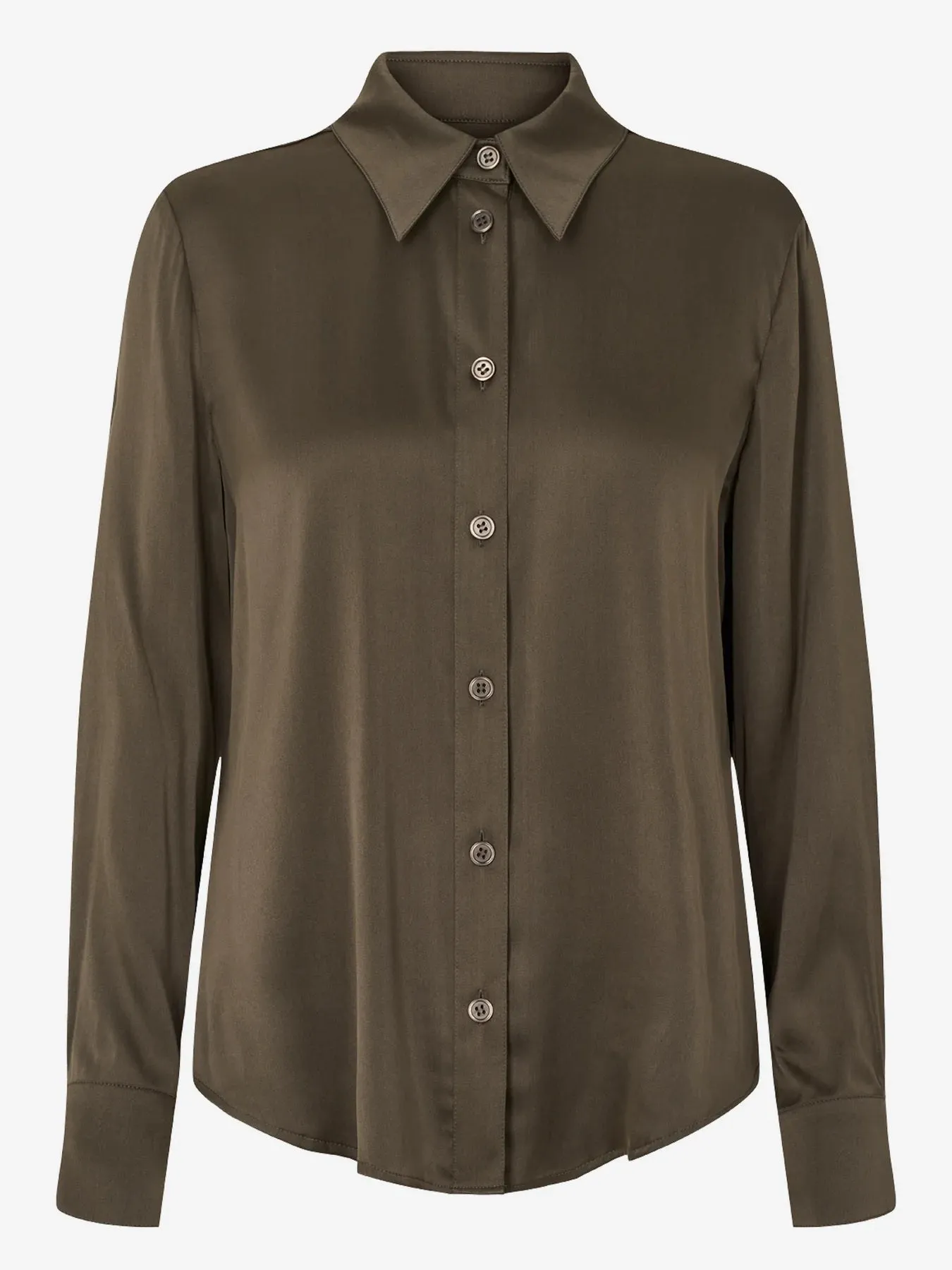 Pointed Collar Silk Blouse - Dark Olive Green