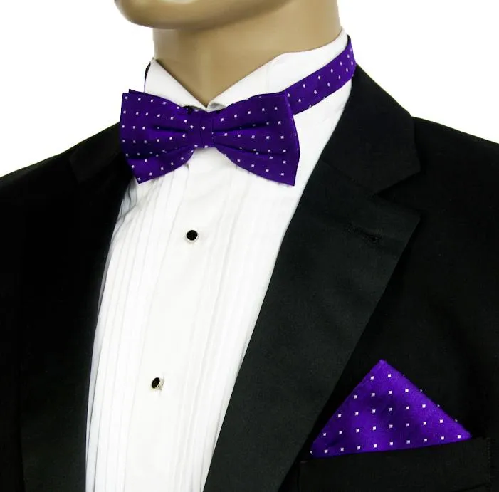 Purple and White Silk Bow Tie Set