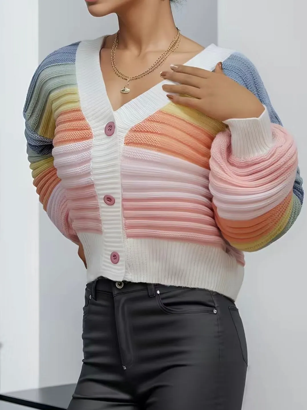 Rainbow Knitted Button Up Sweater