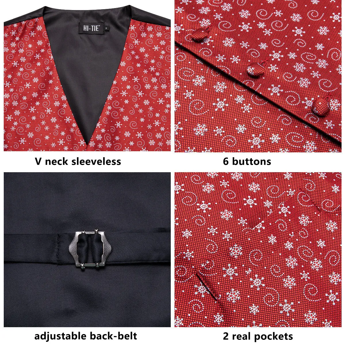 Red White Snowflake Novelty Jacquard Silk Men's Vest Hanky Cufflinks Tie Set