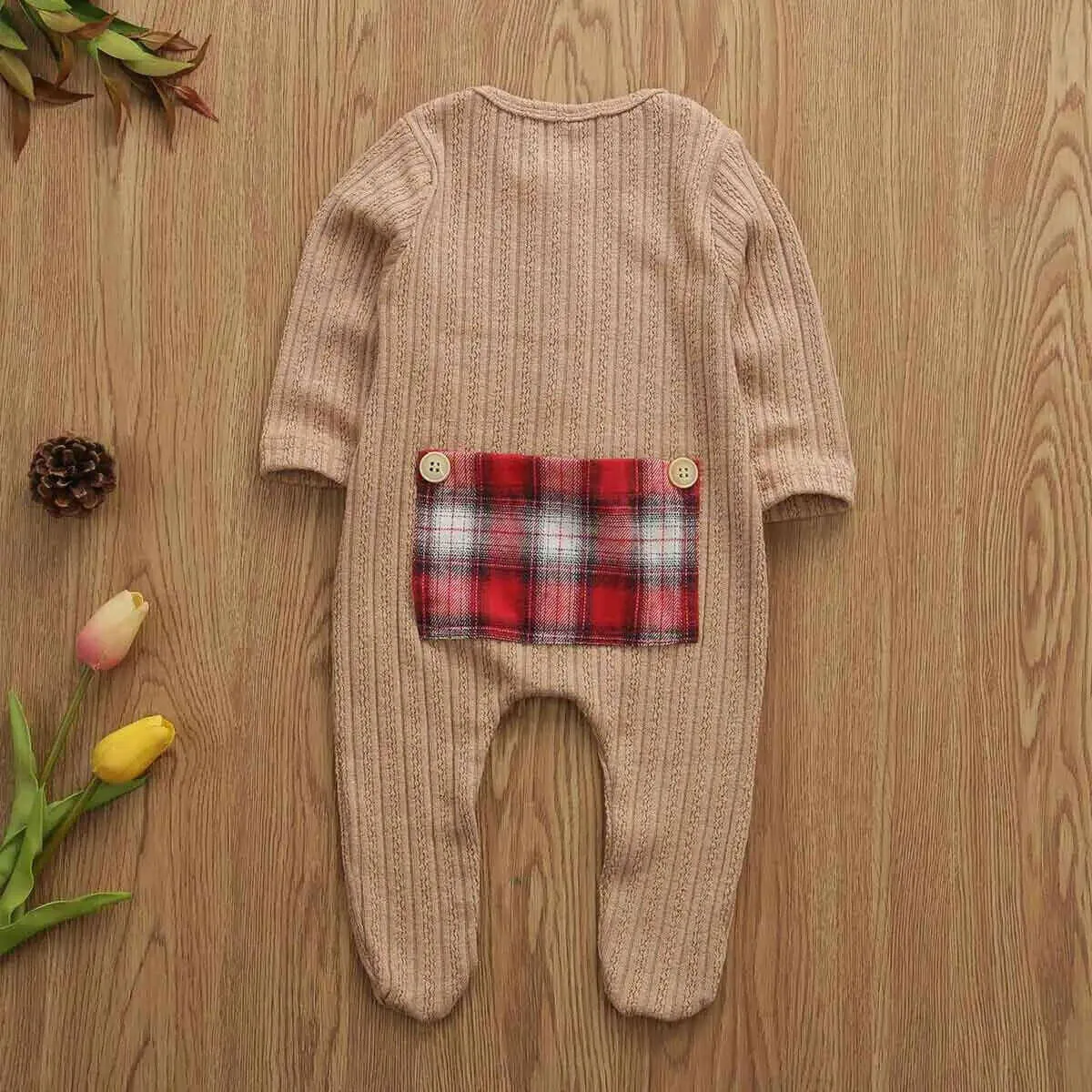 Ribbed Knit Peekaboo Panel Plaid Romper