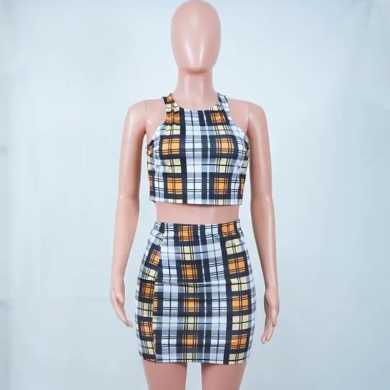 Sadie Yellow Plaid Print Crop Top & Mini Skirt Two Piece Set