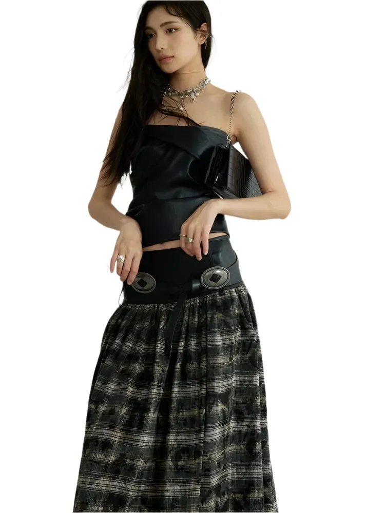 TEEK - Black Leathery Accent Plaid Long Skirt