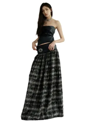 TEEK - Black Leathery Accent Plaid Long Skirt