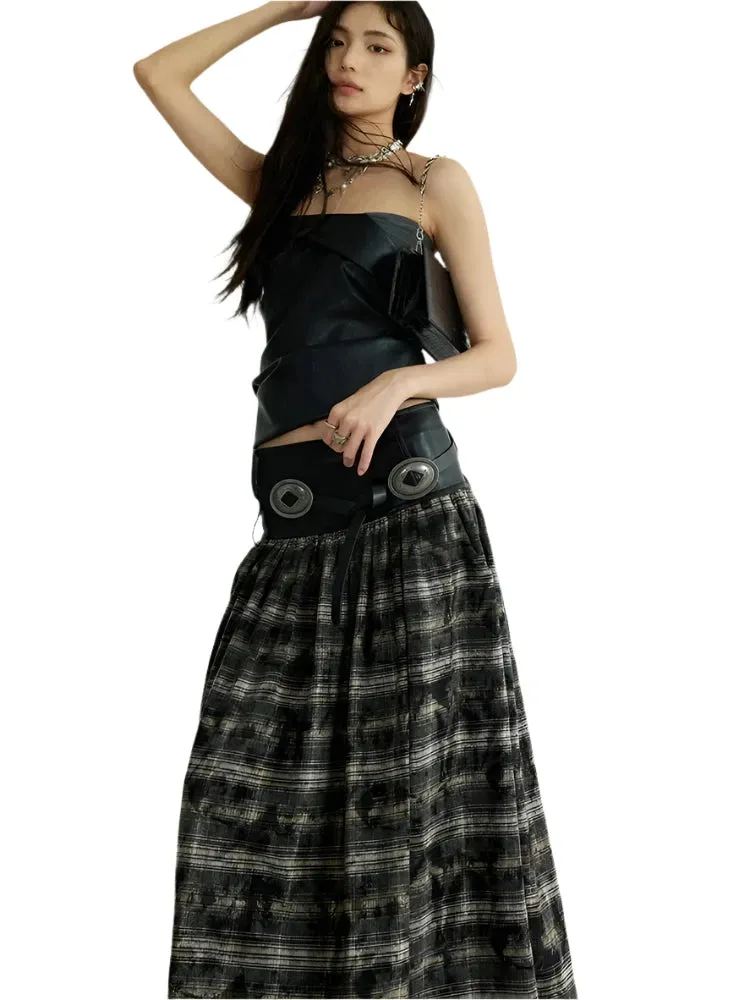 TEEK - Black Leathery Accent Plaid Long Skirt