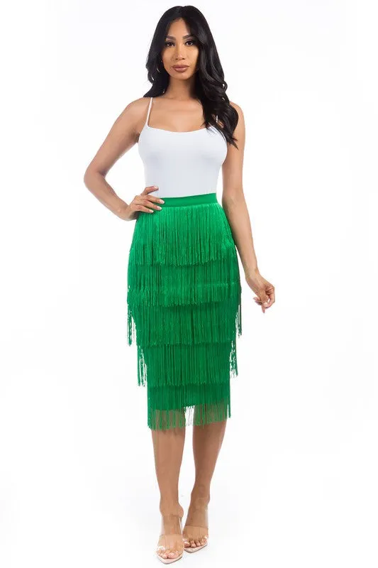 TEEK - GREEN TIERED FRINGE LONG SKIRT