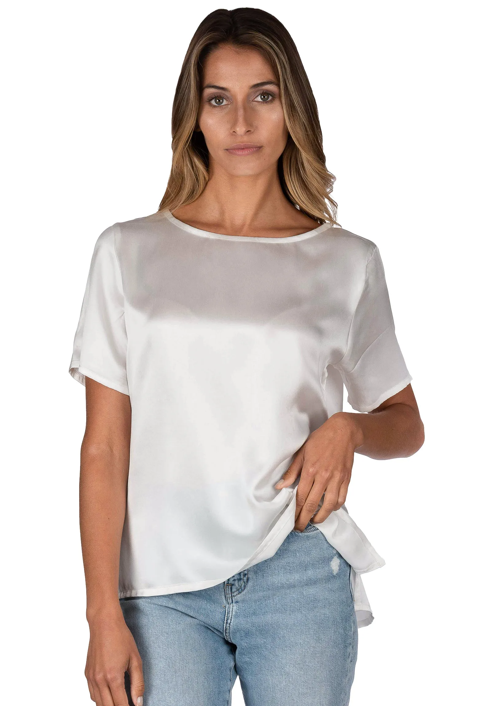 Teena-Satin White 100% Silk T-Shirt