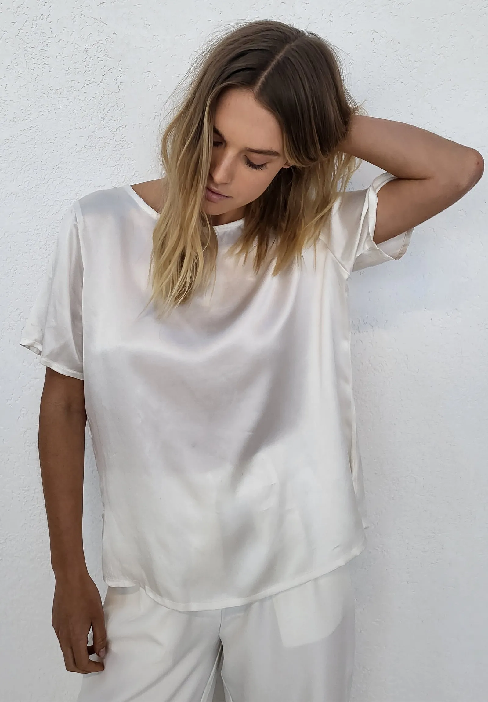 Teena-Satin White 100% Silk T-Shirt