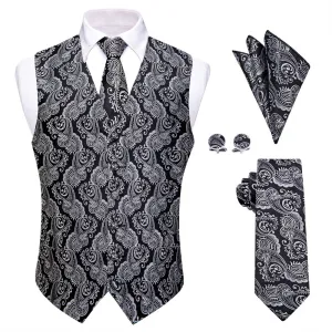 Ties2you Black Silver Paisley Jacquard Silk Men's Vest Hanky Cufflinks Tie Set