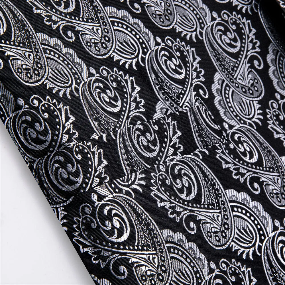 Ties2you Black Silver Paisley Jacquard Silk Men's Vest Hanky Cufflinks Tie Set