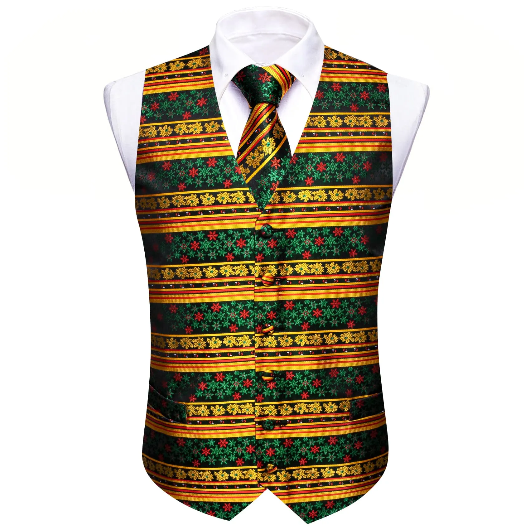 Ties2you Christmas Vest Yellow Green Snowflake Novelty Silk Men's Vest Tie Set