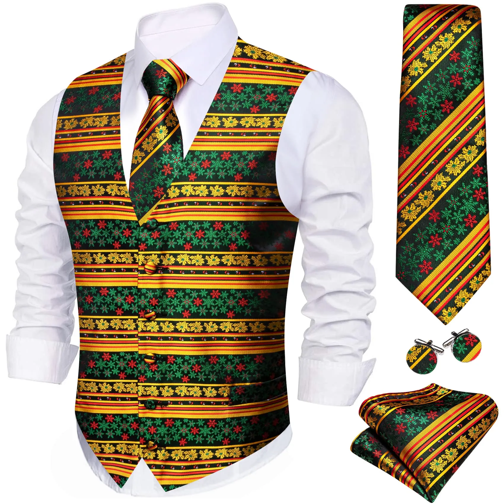 Ties2you Christmas Vest Yellow Green Snowflake Novelty Silk Men's Vest Tie Set