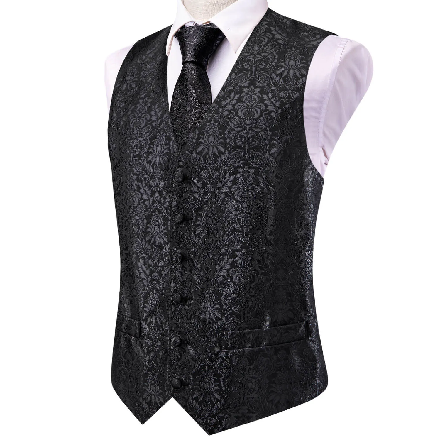 Ties2you Men's Vest Coal Black Jacquard Floral Silk Vest Necktie Set