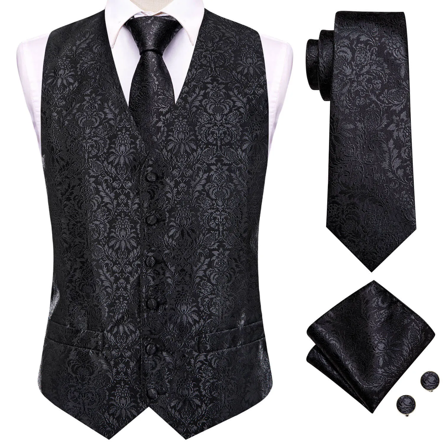 Ties2you Men's Vest Coal Black Jacquard Floral Silk Vest Necktie Set