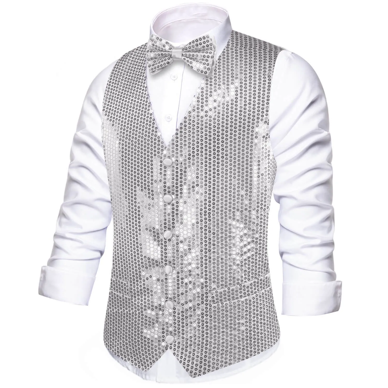 Ties2you Men's Vest Light Gray Sequins Vest Bow Tie Set for Party