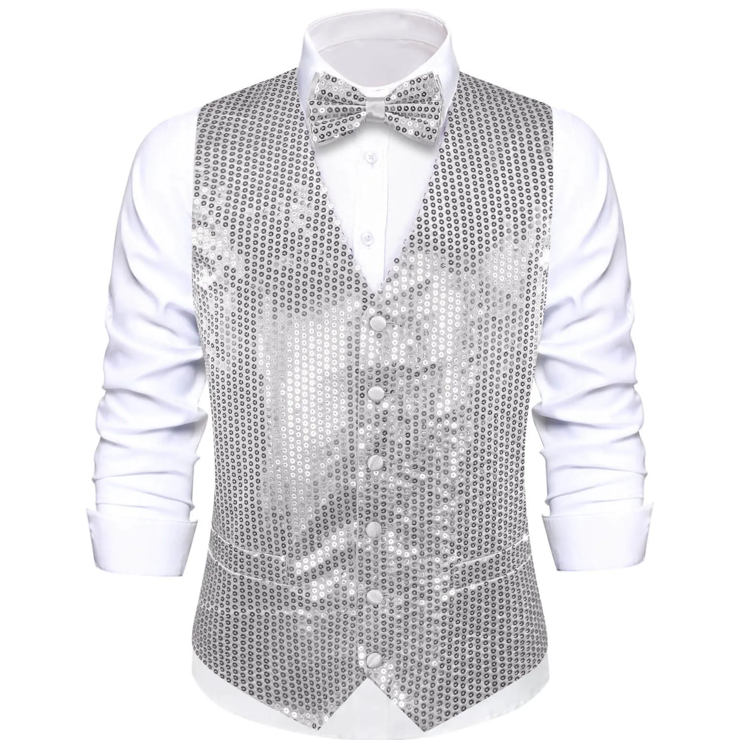 Ties2you Men's Vest Light Gray Sequins Vest Bow Tie Set for Party