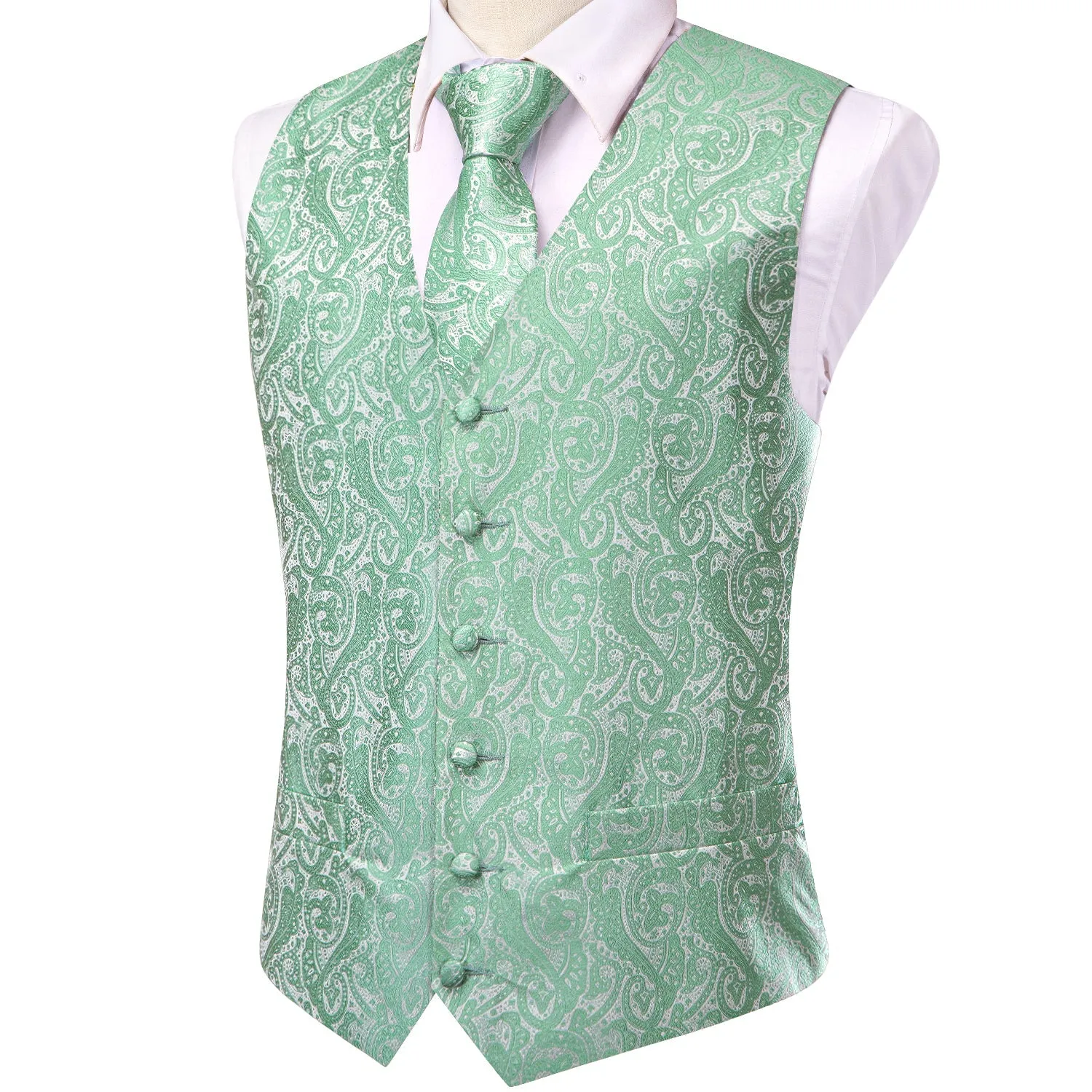 Ties2you Mens Vest Mint Green Paisley Jacquard Silk Vest Hanky Cufflinks Tie Set