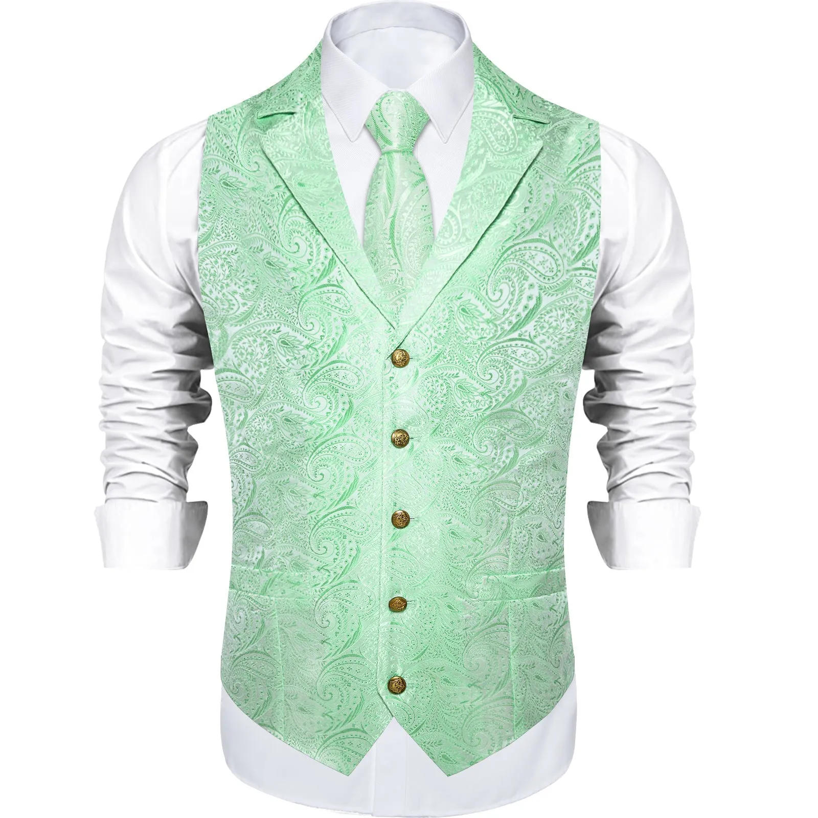 Ties2you Men's Vest Mint Green Paisley Notched Collar Vest Tie Hanky Cufflinks Set Waistcoat Suit Set