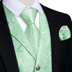 Ties2you Men's Vest Mint Green Paisley Notched Collar Vest Tie Hanky Cufflinks Set Waistcoat Suit Set