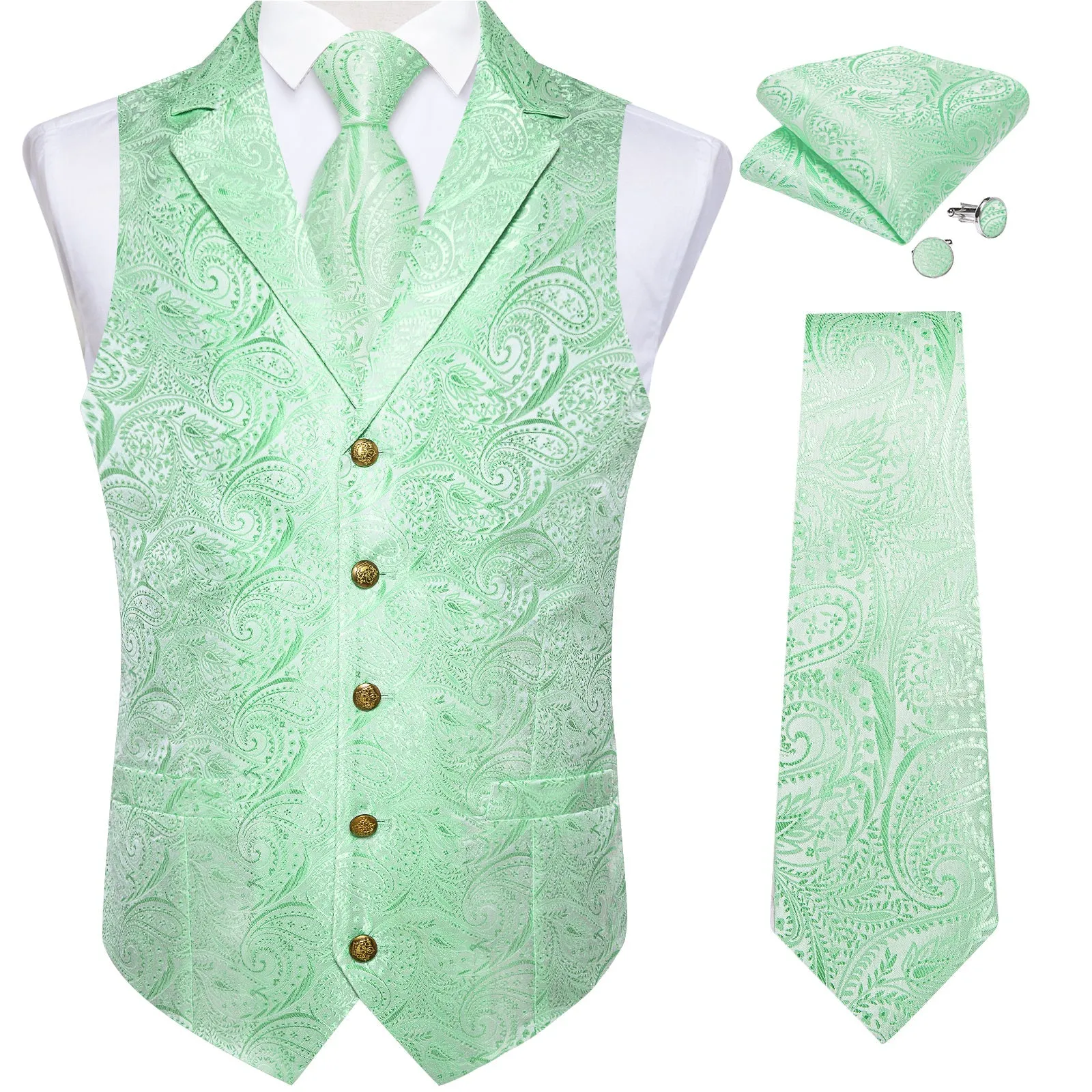 Ties2you Men's Vest Mint Green Paisley Notched Collar Vest Tie Hanky Cufflinks Set Waistcoat Suit Set