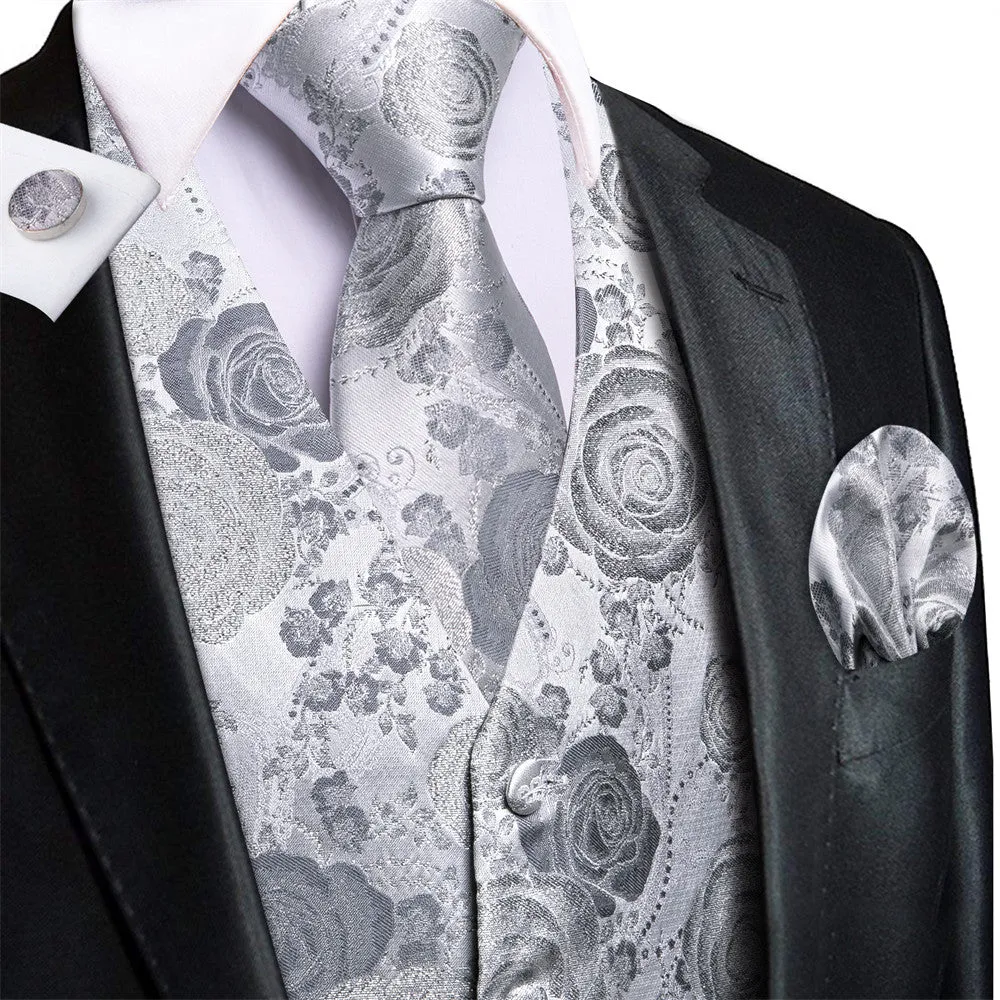 Ties2you Silver Rose Floral V-Neck Silk Vest Necktie Set