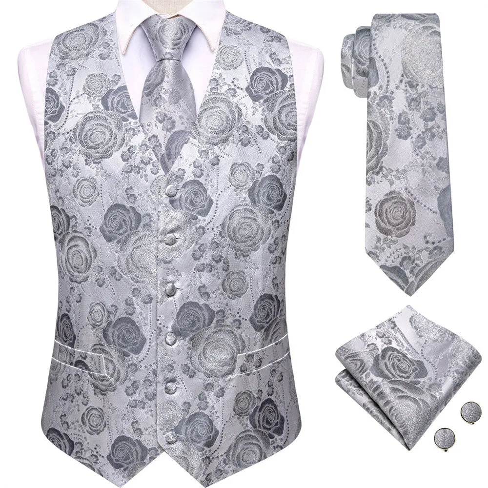 Ties2you Silver Rose Floral V-Neck Silk Vest Necktie Set