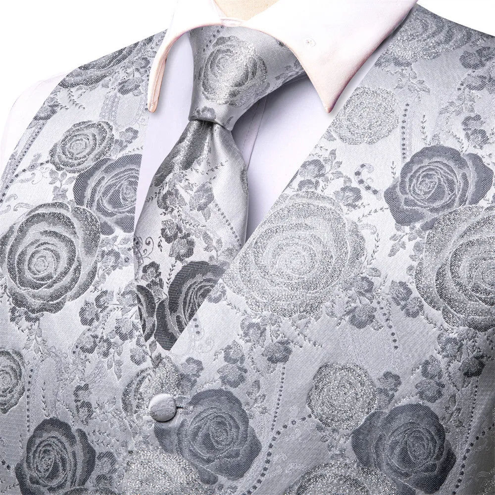 Ties2you Silver Rose Floral V-Neck Silk Vest Necktie Set