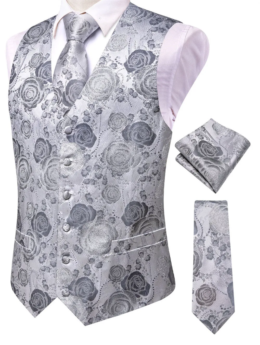 Ties2you Silver Rose Floral V-Neck Silk Vest Necktie Set