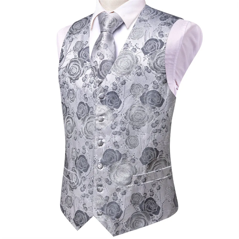 Ties2you Silver Rose Floral V-Neck Silk Vest Necktie Set