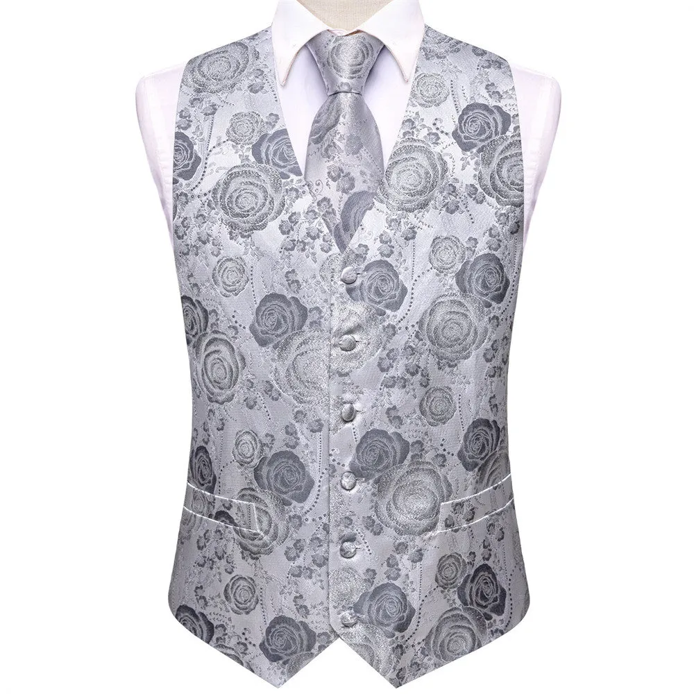 Ties2you Silver Rose Floral V-Neck Silk Vest Necktie Set