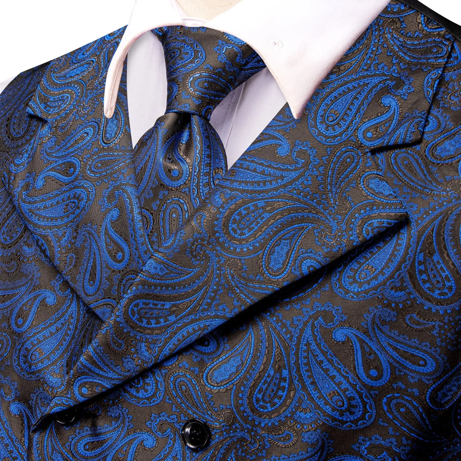 Ties2you Suit Vest Blue Paisley Silk Men's Notched Collar Vest Tie Hanky Cufflinks Set