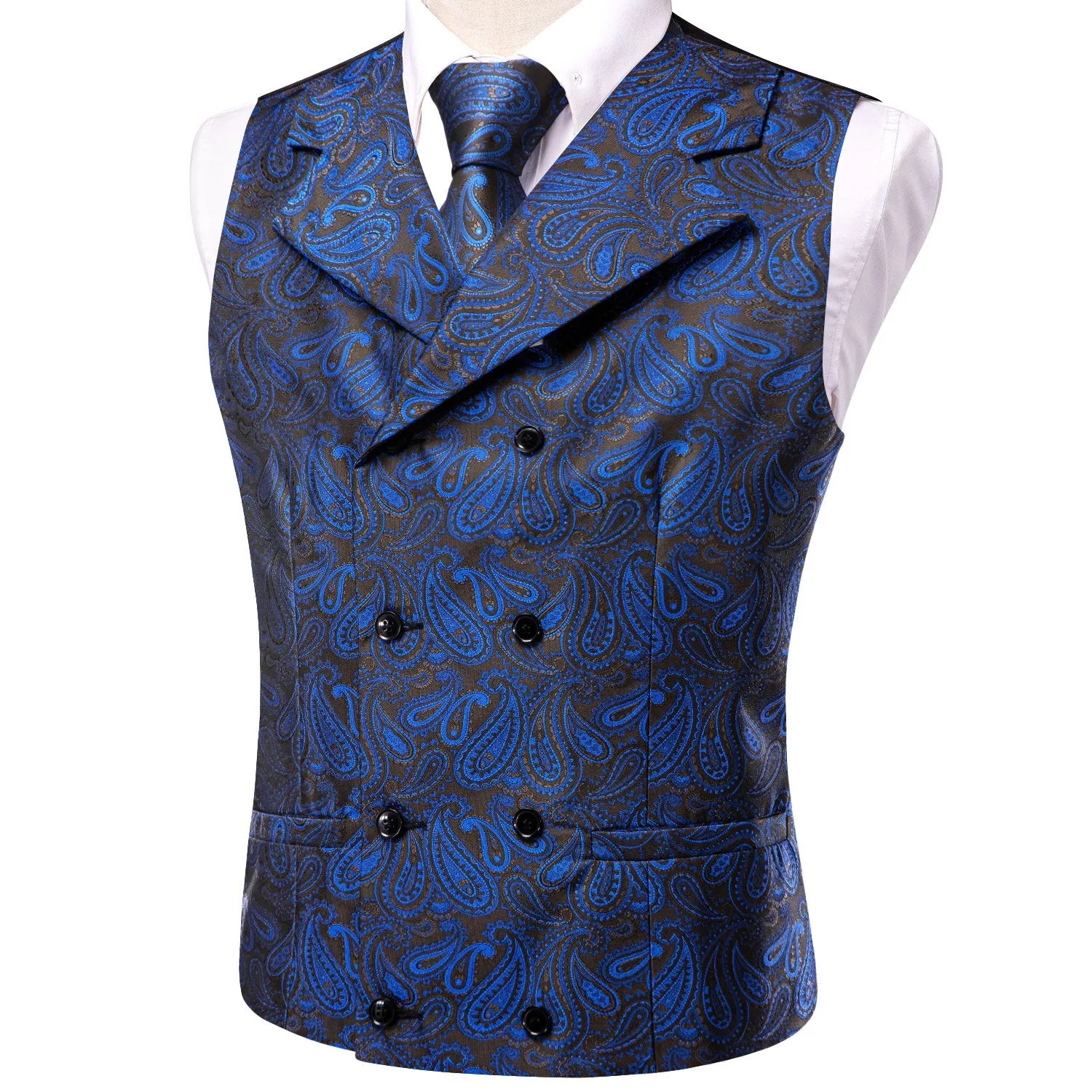 Ties2you Suit Vest Blue Paisley Silk Men's Notched Collar Vest Tie Hanky Cufflinks Set