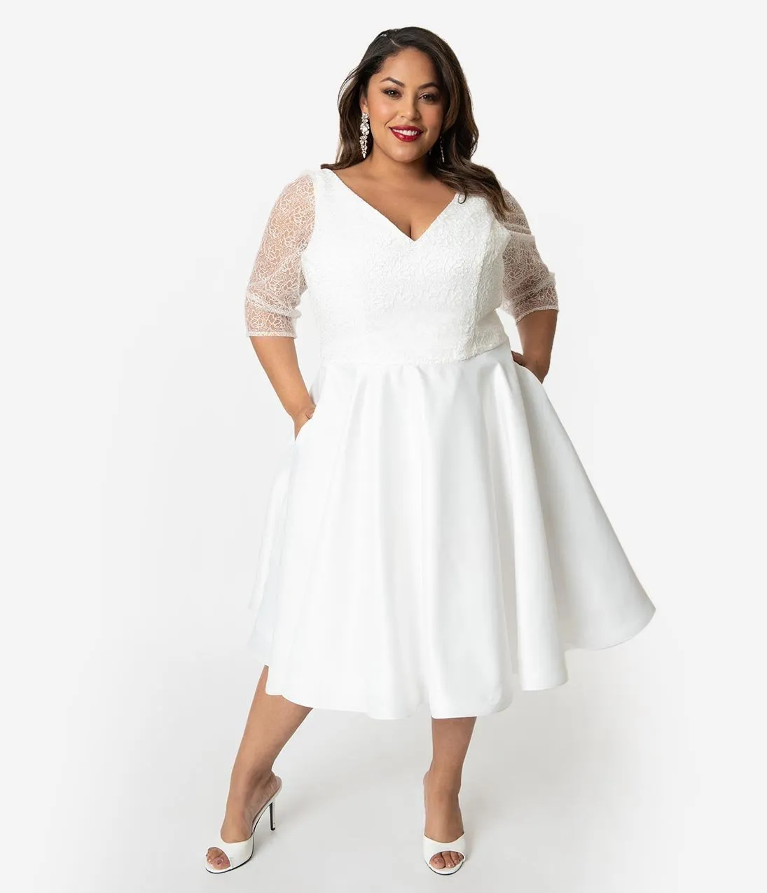 Unique Vintage x Dolly Couture Plus Size White Swirly Lace Juliette Tea Length Bridal Dress