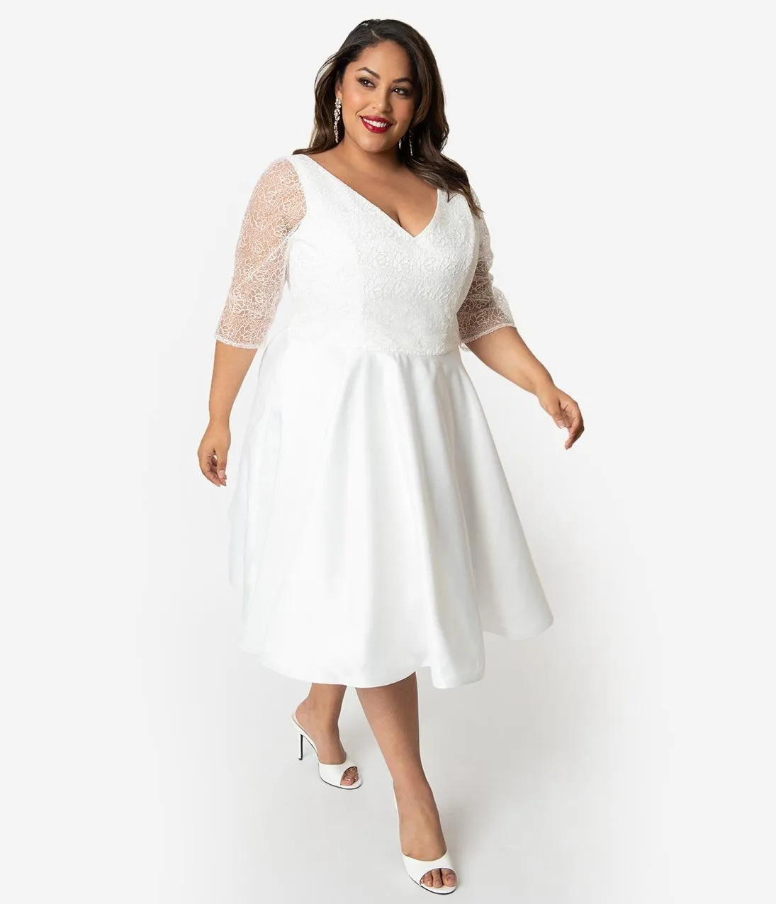 Unique Vintage x Dolly Couture Plus Size White Swirly Lace Juliette Tea Length Bridal Dress