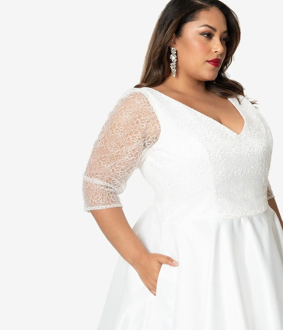 Unique Vintage x Dolly Couture Plus Size White Swirly Lace Juliette Tea Length Bridal Dress